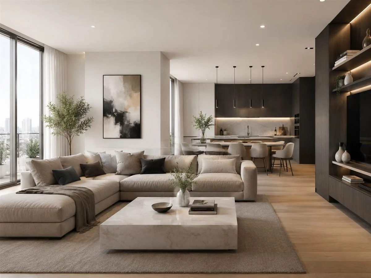 Modern open-plan living room and kitchen after a full apartment renovation in Valencia