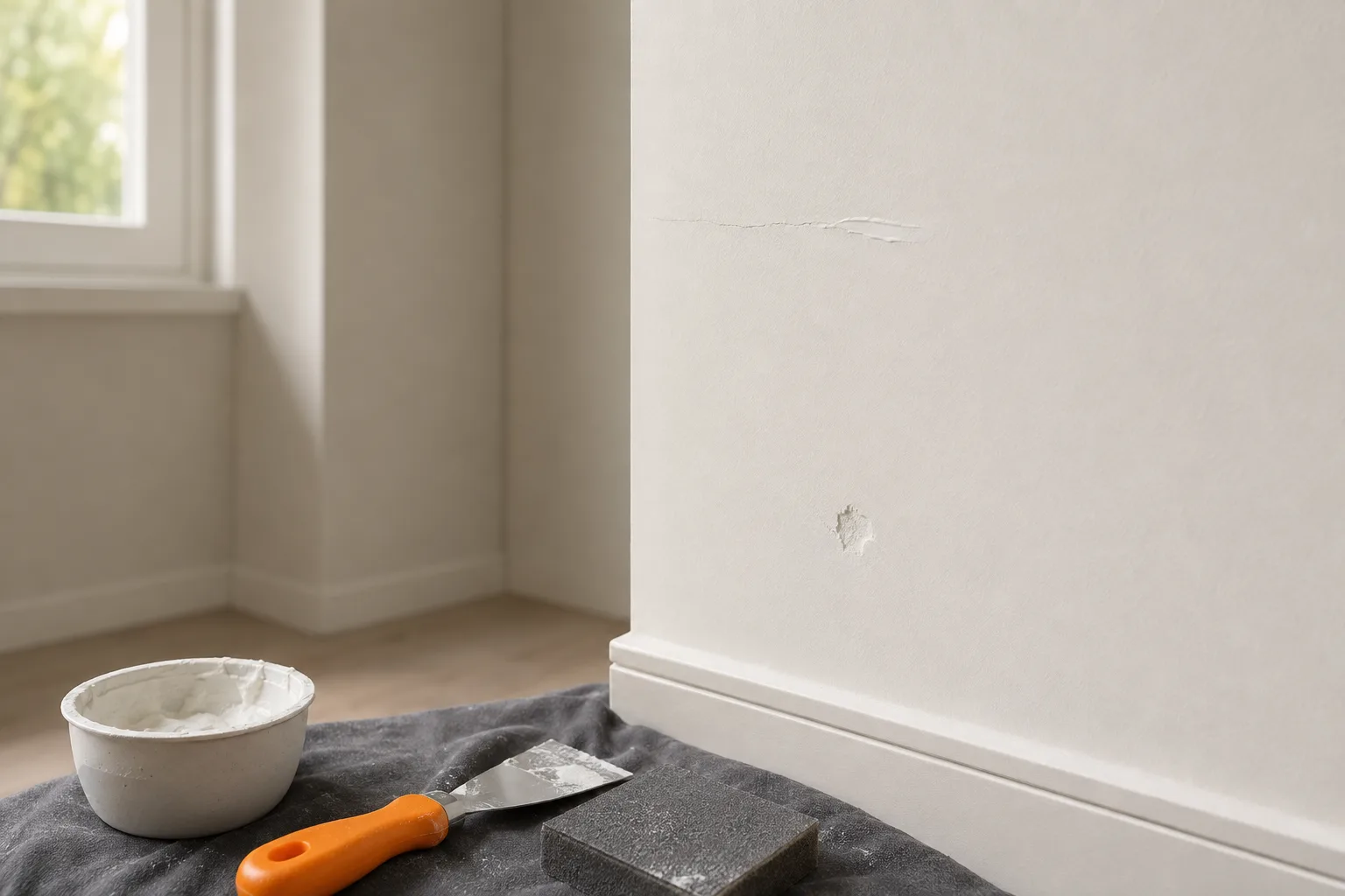 Wall after crack repair and touch-up paint in a Valencia apartment