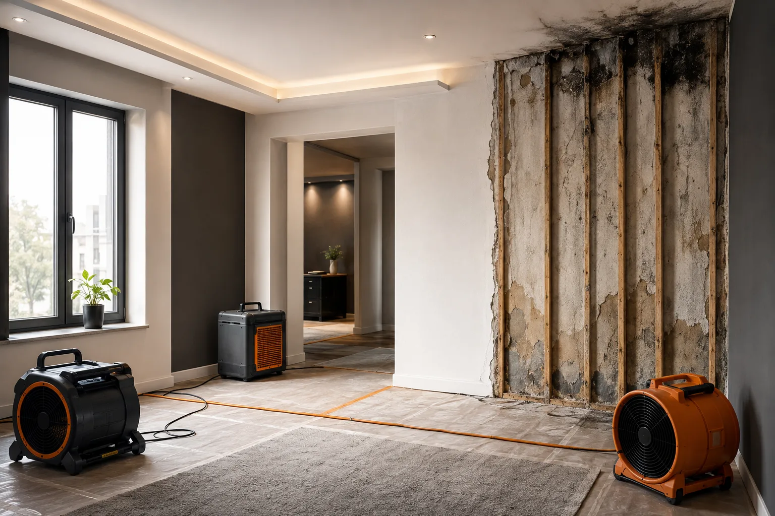 Room restored after fire and flood damage in a Valencia apartment