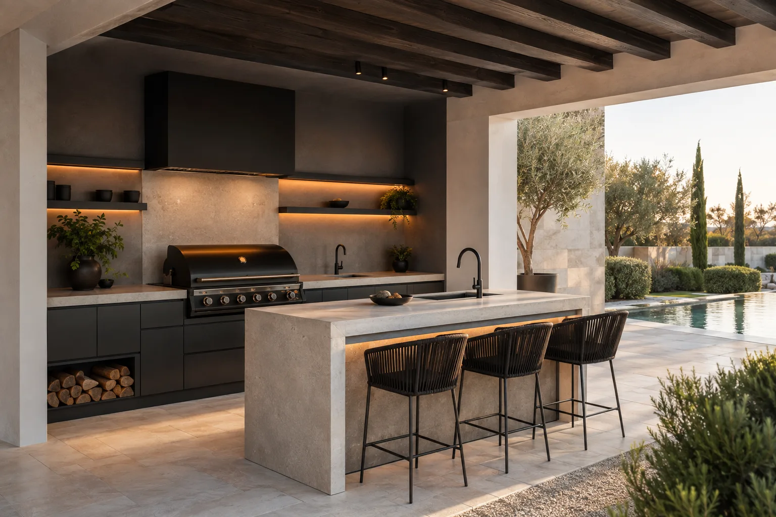 Outdoor kitchen and BBQ area built in a garden in Valencia