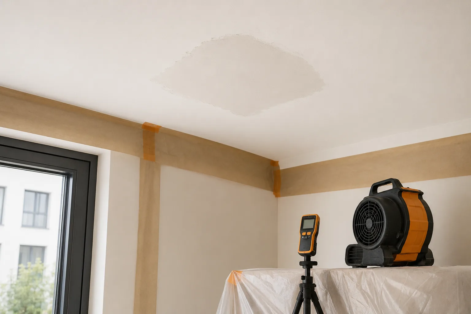 Repaired ceiling after water damage in a Valencia apartment